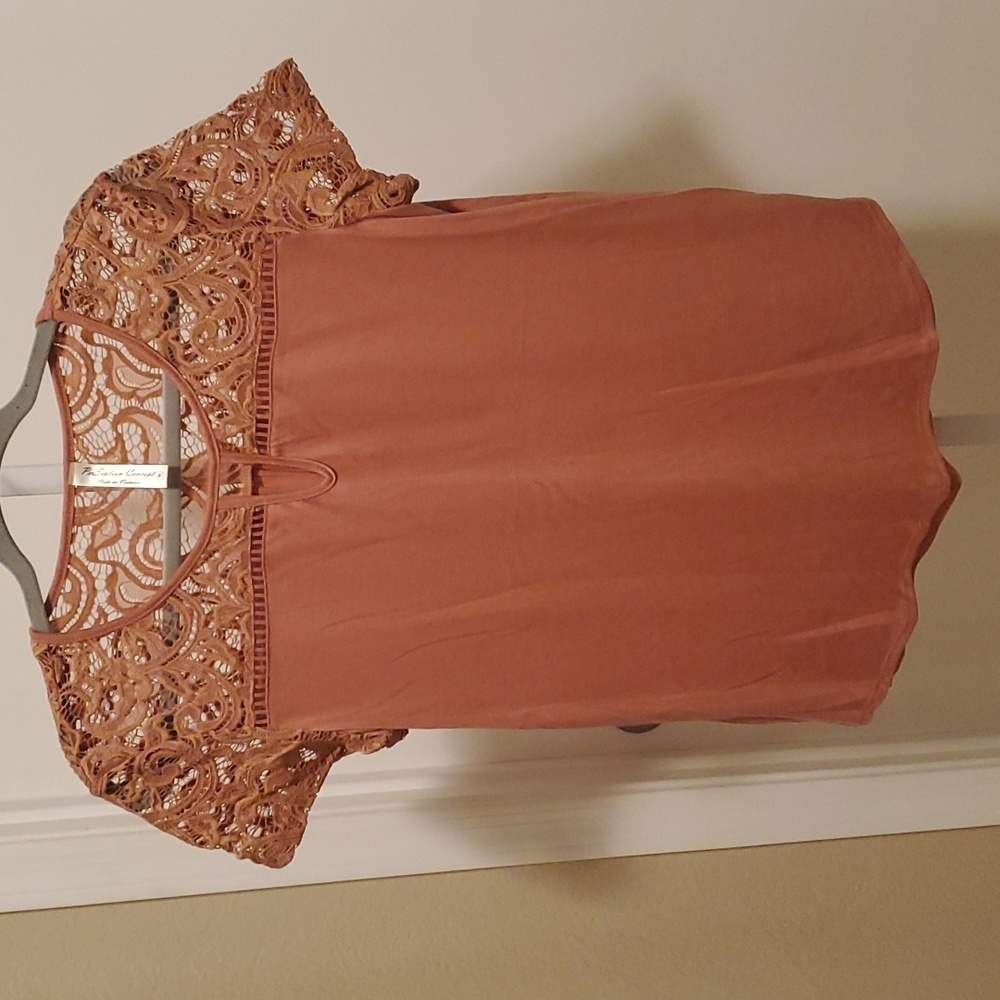 3. Tops - Perseption Concepts dusty pink t-shirt with lace yoke and and sleeves